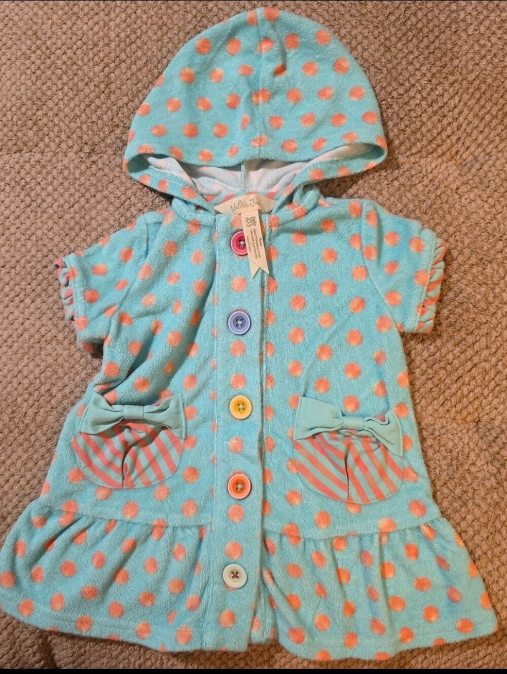Matilda Jane Miss Mermaid Swim Cover Up Aqua Pink Polka Dot Hooded Terry 3-6M